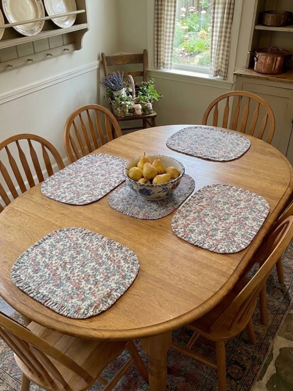 Floral Quilted Placemat Set/Cream & Pink Table Pads-Set of 5